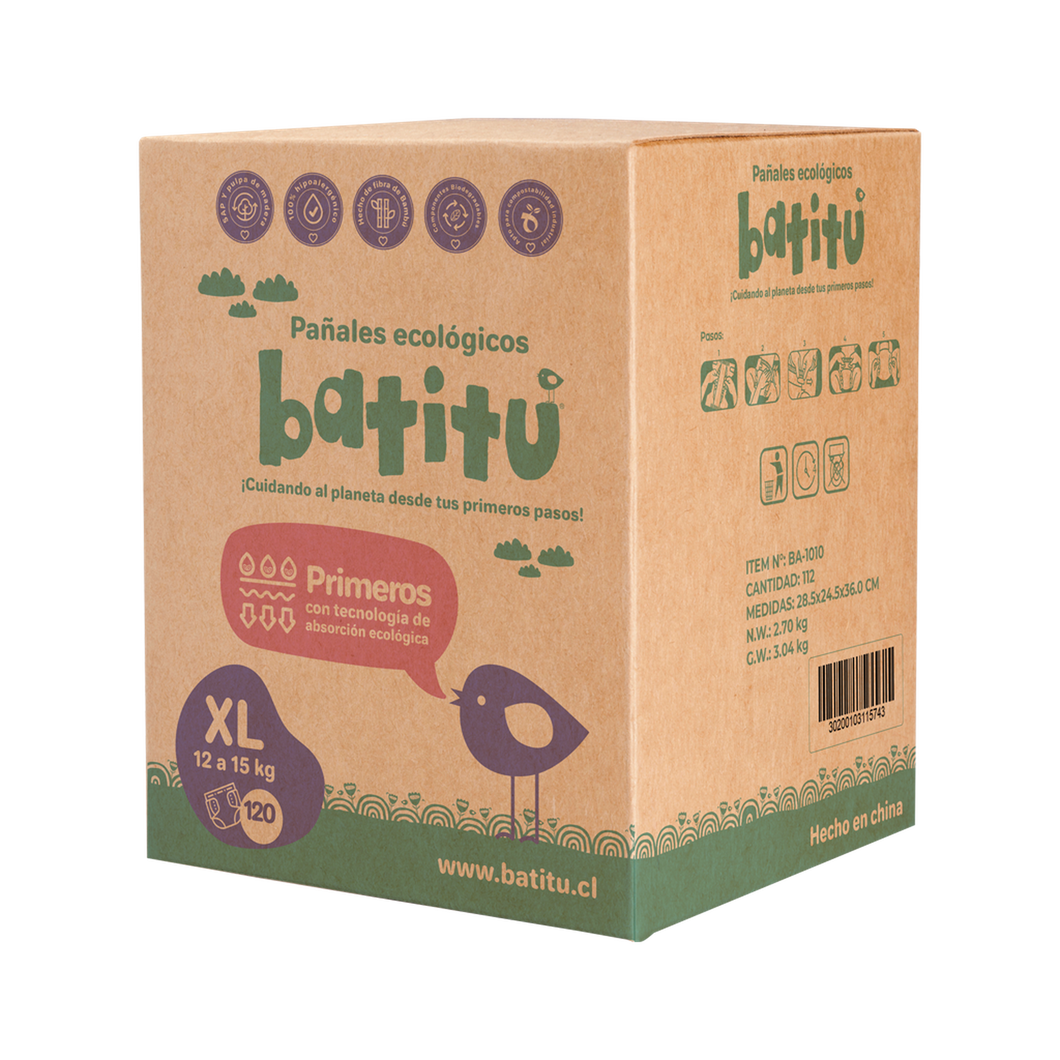 Caja de Pañales Ecologicos Premium Biodegradables de Bambú Talla XL (120un) - Batitu